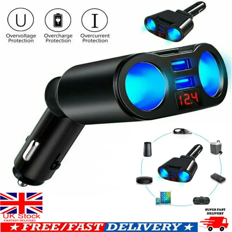 

2 Way Multi Car Cigarette Lighter Socket Extension Splitter USB Charger DC12V A+