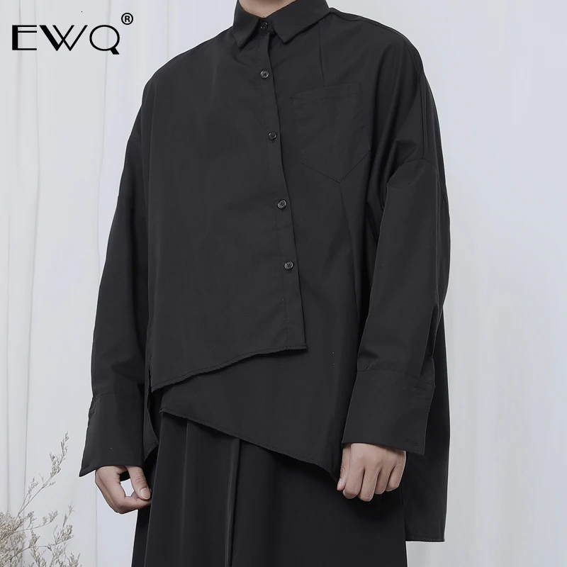 EWQ/Весенняя Новинка, мужская рубашка с длинным рукавом, ассиметричный дизайн, лоскутные, свободные, большие размеры, топы для мужчин, мода 9Y264
