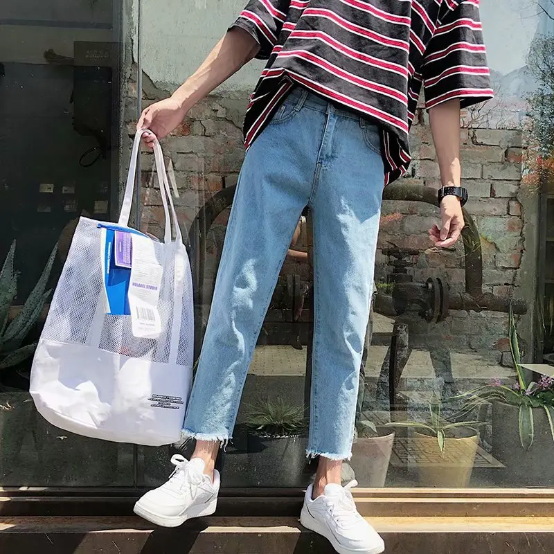 Reviews Summer Jeans Men's Slim Fashion Washed Solid Color Casual Straight Jean Pants Men Streetwear Wild Hip Hop Denim Trousers Mens