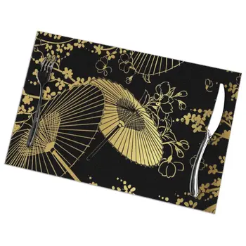 

6 Pcs Placemat Table Mat Japanese Gold Fan Flower Umbrella For Tables Heat-insulation Linen Kitchen Dining Pads