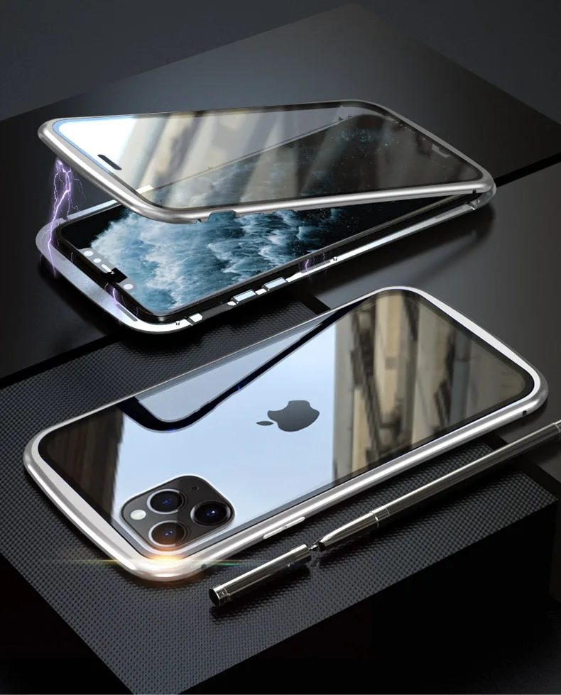 Магнитный 360 полный защитный чехол для iphone 11, металлический чехол, чехол для iphone 11 pro max, чехол, закаленное стекло, бампер