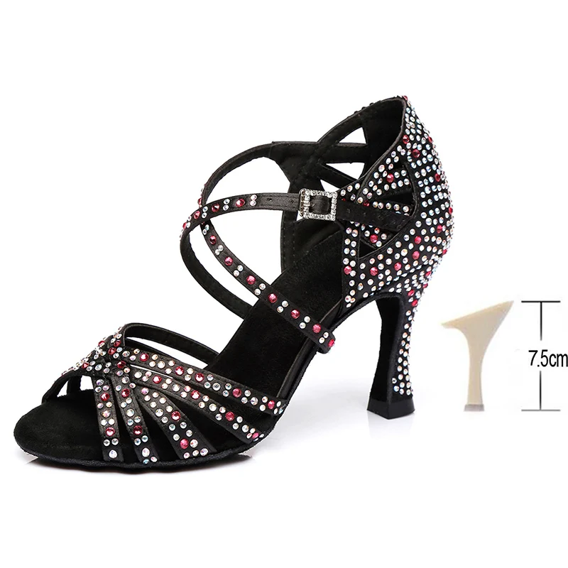 HROYL Для женщин Латинская танцевальная обувь для женщин и девушек женская Танго танцевальные сандалии Сальса Стразы пикантные вечерние туфли на 6-10 см - Цвет: Black 7.5CM