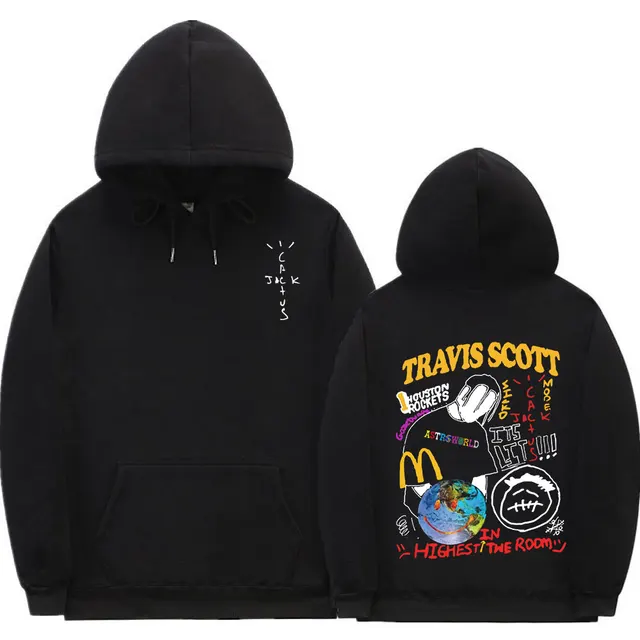 Cactus Jack Hoodie Men Women Double-sided Logo Print LOOK MOM I CAN FLY Travis Scott Hoodies Unisex Fashion Hip Hop Streetwear Q02752-black