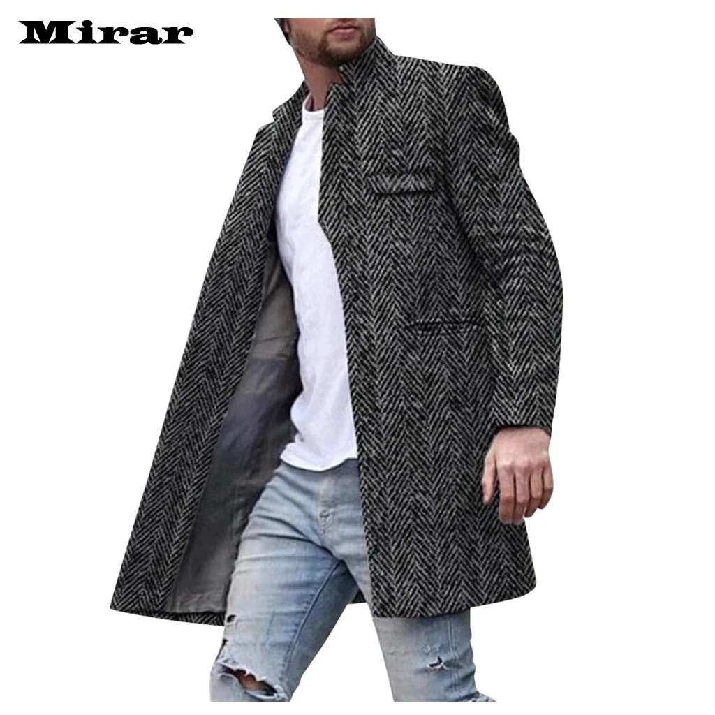 Зимние Модные Для мужчин однотонный Цвет тонкий длинное однобортное шерстяное пальто Тренч