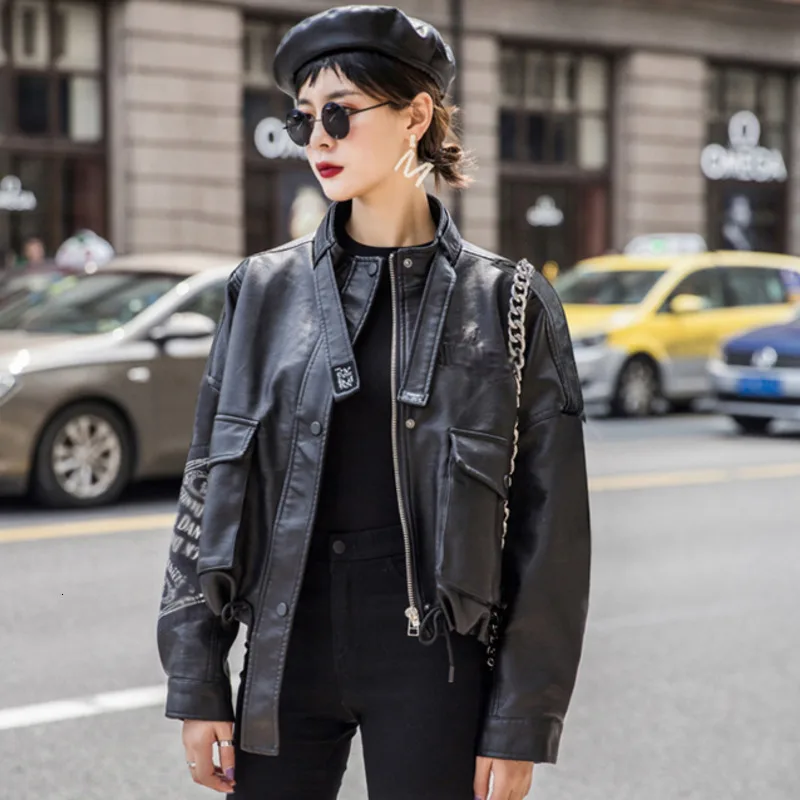 

Fashion Tide Leather Jacket Female Spring And Autumn New Locomotive Loose Lapel Zipper Shine Pu Leather Coat 19B-a191