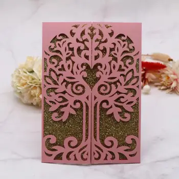 

25pcs/lot Pink Pearl Color Wedding Invitation Card Wishing Tree Of Love Delicate RSVP Card Baptism Festival Birthday Party Cards