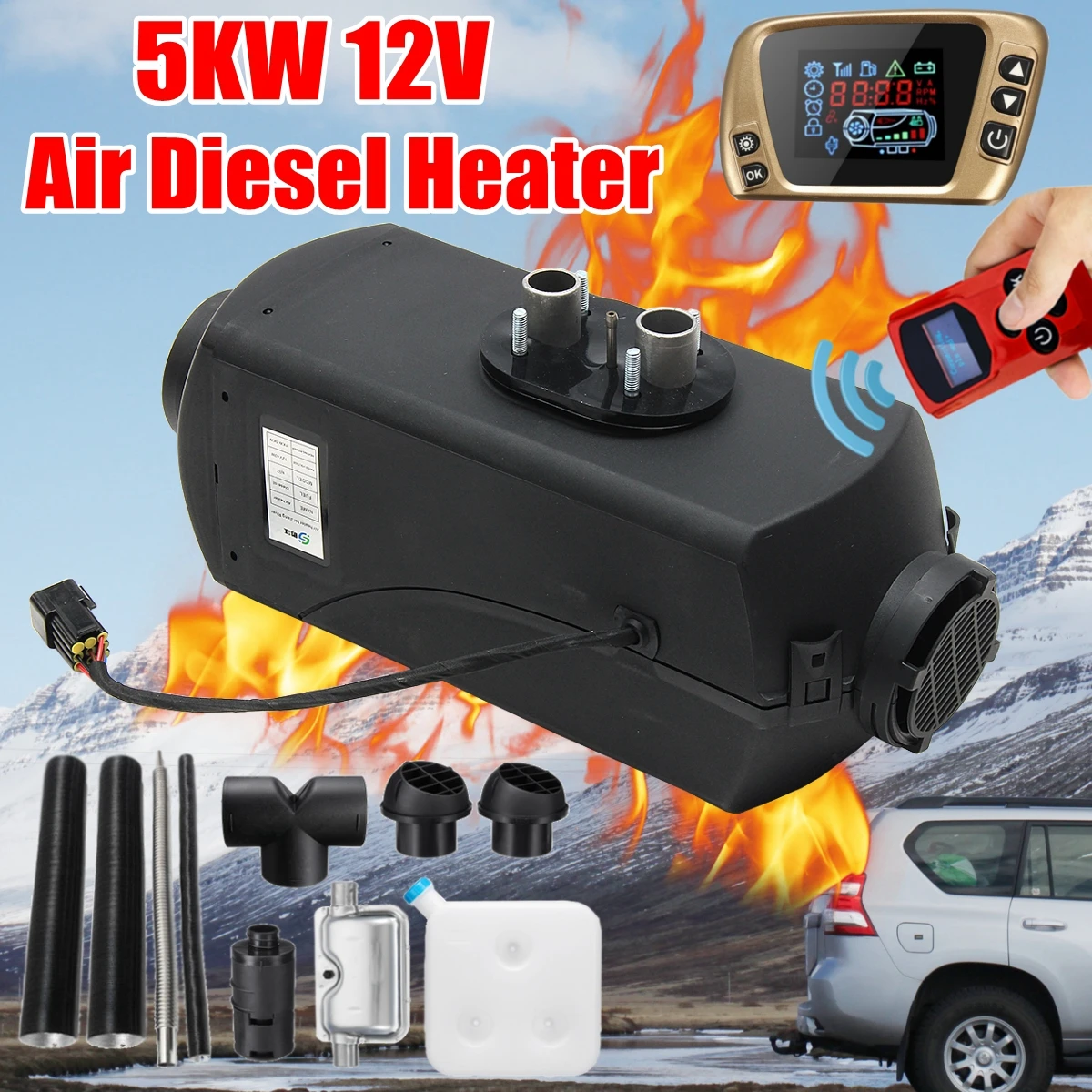 

HCalory 5KW 12V Diesels Air Parking Heater Air Heating LCD Switch with Silencer and Remote Control For Boats Car Trailer Heater