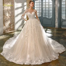 Loverxu бальное платье с глубоким декольте, блестящее свадебное платье, Аппликация из бисера, длинный рукав, на шнуровке, платье невесты, соборный поезд, свадебные платья