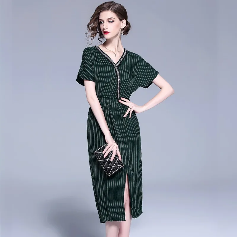 

2018 Summer New Style WOMEN'S Dress chao tong Ground Slimming V-neck Elastic Waist Beads Stripes Cupro Long Full Body Dress