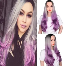Косплэй парик градиент пикантные химический Для женщин, длинные, кудрявые прямые Волнистые синтетических волос полный парик розового и фиолетового цветов 1022