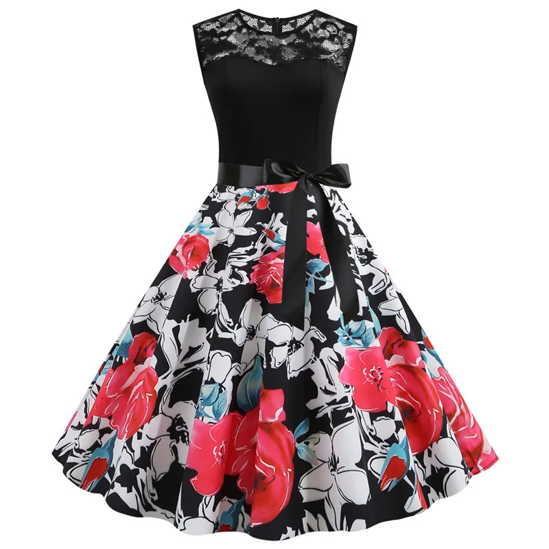 

2019 AliExpress Amazon Hot Selling Women's Large Size Retro Hepburn Wind Big Hemline Printed Lace Dress Currently Available