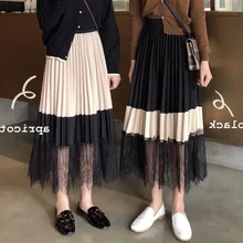 Трапециевидная юбка-пачка с кружевом Юбка из сетчатой ткани Для женщин элегантное платье с фатиновой юбкой длинные женские плиссированные юбки в стиле пэчворк миди юбка лето Лидер продаж Faldas Saias femininas Jupe