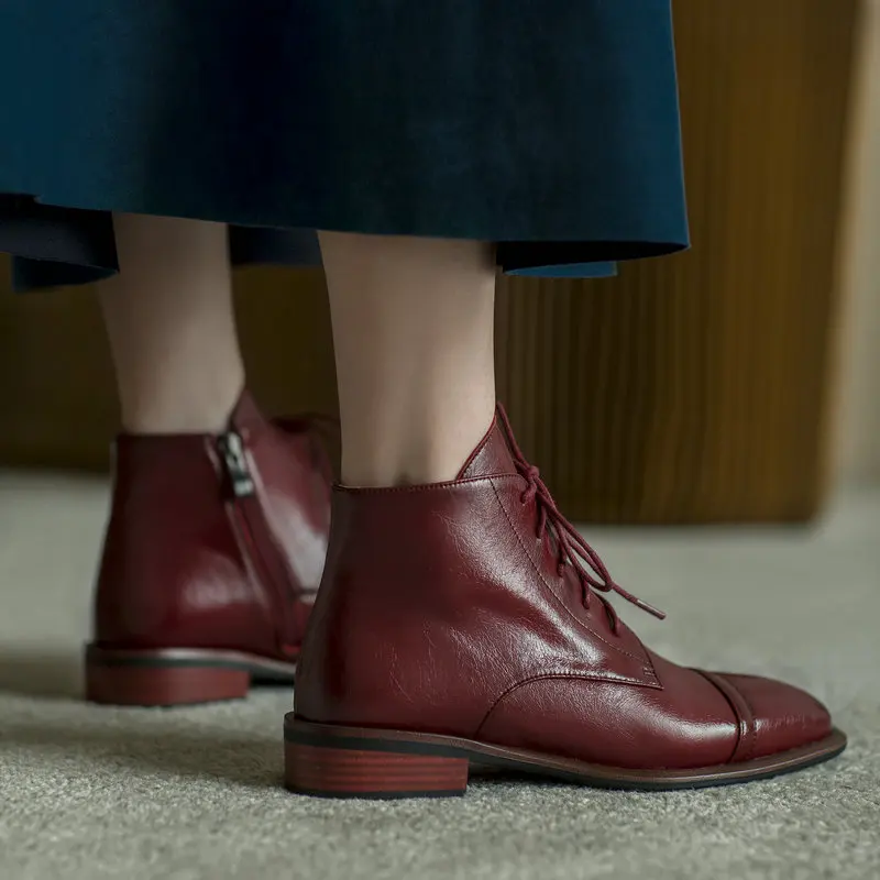 Fashion Red Boots High Quality Cow Leather Buckle Lace-up Round Toe Women's Shoes Handmade New Ankle Boots