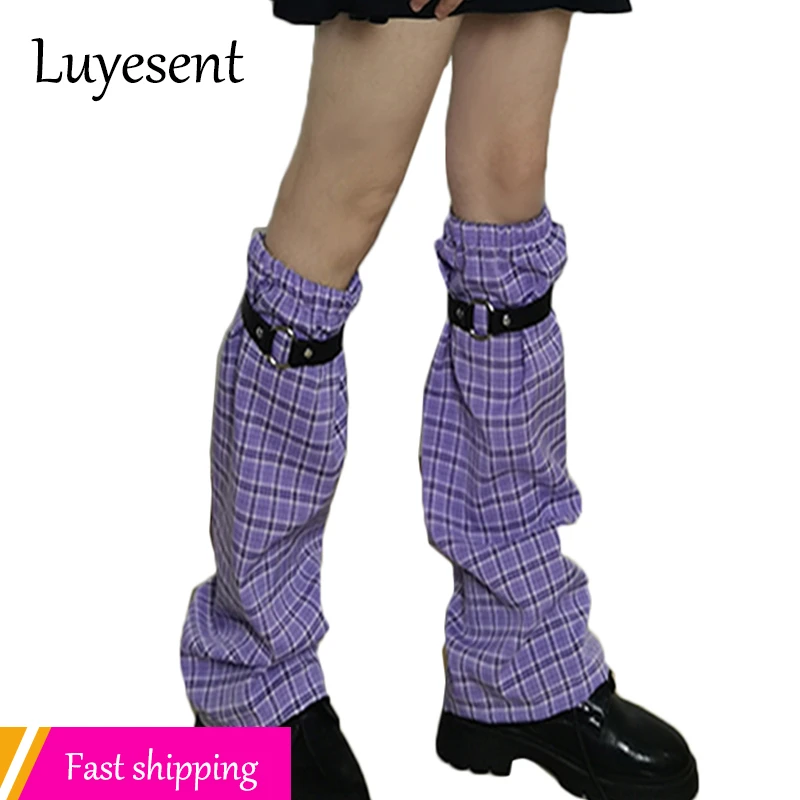 ロリータチェック柄ガールレッグウォーマー日本y2k女性かわいいpu韓国のファッション足は 紫色のピンクブルー原宿ロング靴下 レッグウォーマー Aliexpress