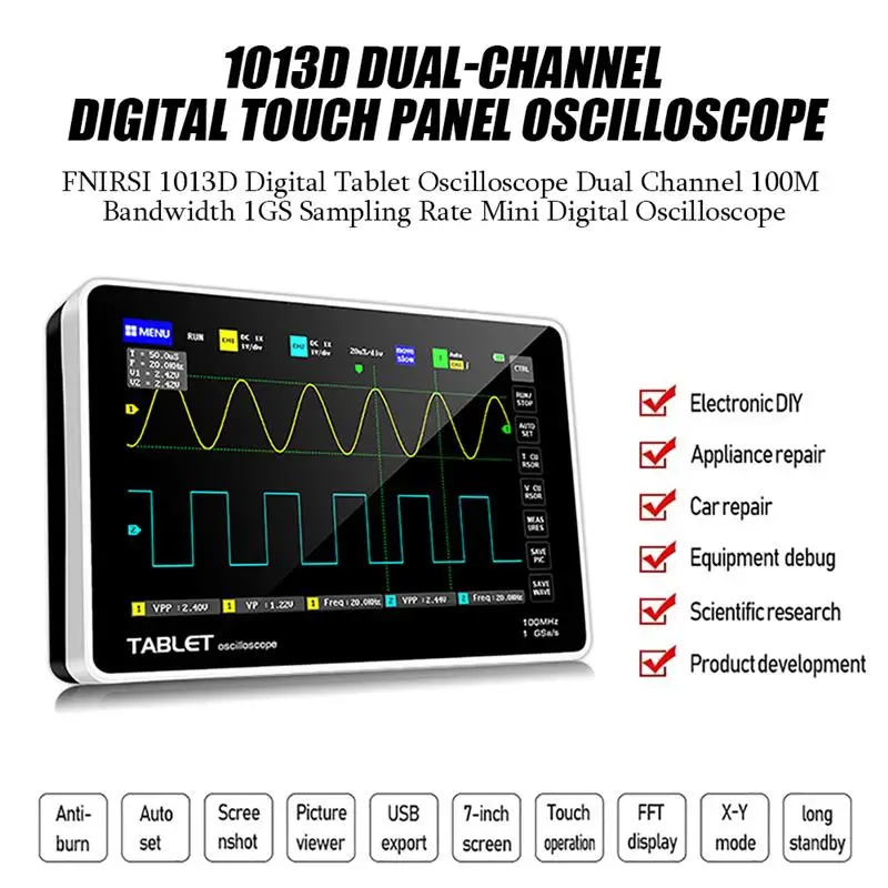 FNIRSI ADS 1013D Portable Digital Tablet Oscilloscope Dual Channel 100M Bandwidth 1GS Sampling Rate Touching Screen Oscilloscope