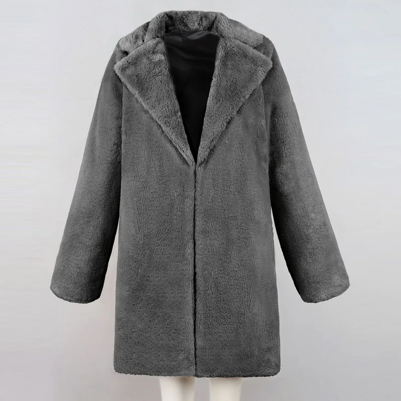 Утолщенное пальто из искусственного меха для женщин; сезон осень-зима; теплое мягкое свободное флисовое пальто из искусственного меха; Женская плюшевая Повседневная куртка средней длины с отворотами - Цвет: Gray