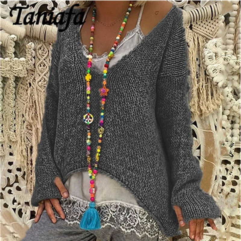 Новый плюс размер женский пуловер V шеи свободный свитер неравномерной длины