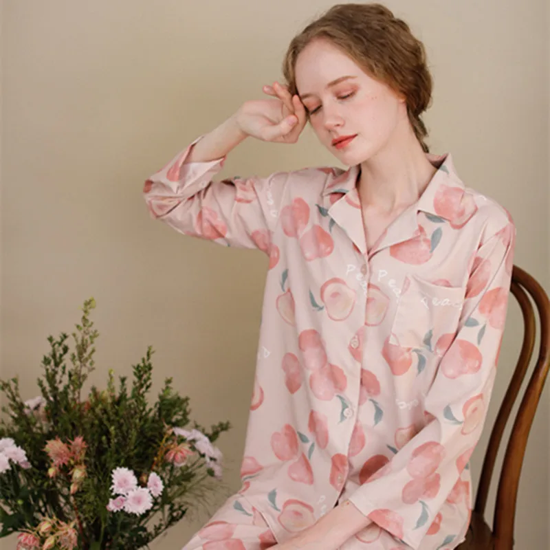 

Herislim Autumn Pink Peach Print Satin Pajamas Set for Womens Cotton Soft Pyjamas for Homewear Long Sleeve Pants 2 Piece Pajamas