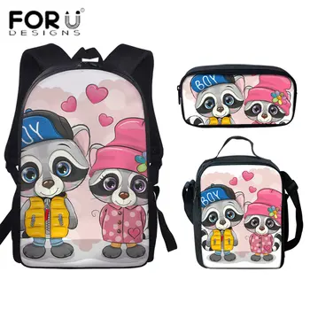 

FORUDESIGNS Couple Raccoon Printed School Bag Set Cartoon Design School Backpack for Teenagers Girls Boys Schoolbags Kid Mochila