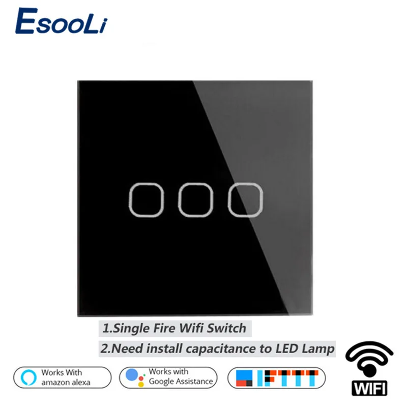 

Esooli EU/UK WIFI Smart Touch Switch APP Wireless Remote Light Wall Switch Crystal Glass Panel Works With Alexa / Google Home