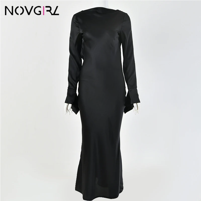 Novgirl Элегантное Атласное длинное платье с длинным рукавом для женщин Осенние сексуальные вечерние платья макси с открытой спиной свободные облегающие платья