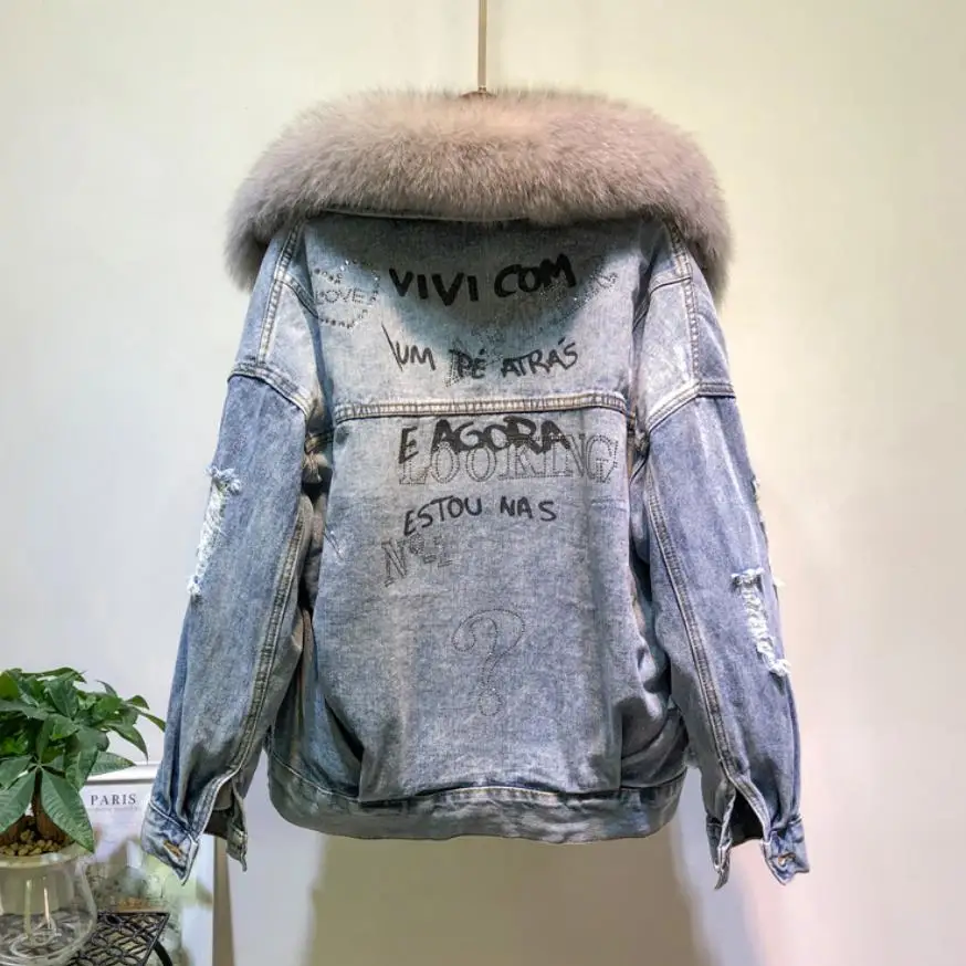 blue with gray fur Зимние Модные теплые пальто с воротником из натурального Лисьего меха+ джинсовая куртка с подкладкой из натурального кроличьего меха женская утепленная верхняя одежда с бусинами F25 - Цвет: blue with gray fur