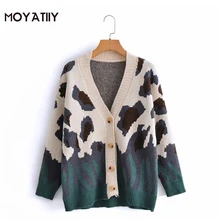 

MOYATIIY Women 2021 Fashion Leopard Print Knitted Cardigan Vintage Patchwork Long Sleeve Cardigans Sweaters Female Tops Outwear
