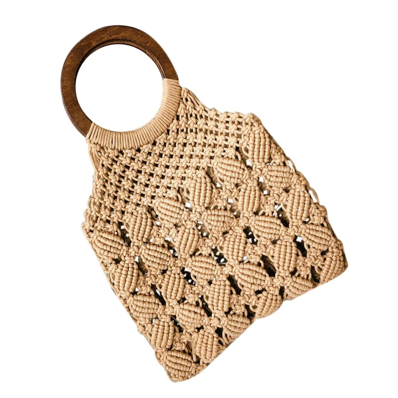

Spring Summer Woman Plaited Knitting Hollow Out Double Wood Circle Handles Basket Handbag