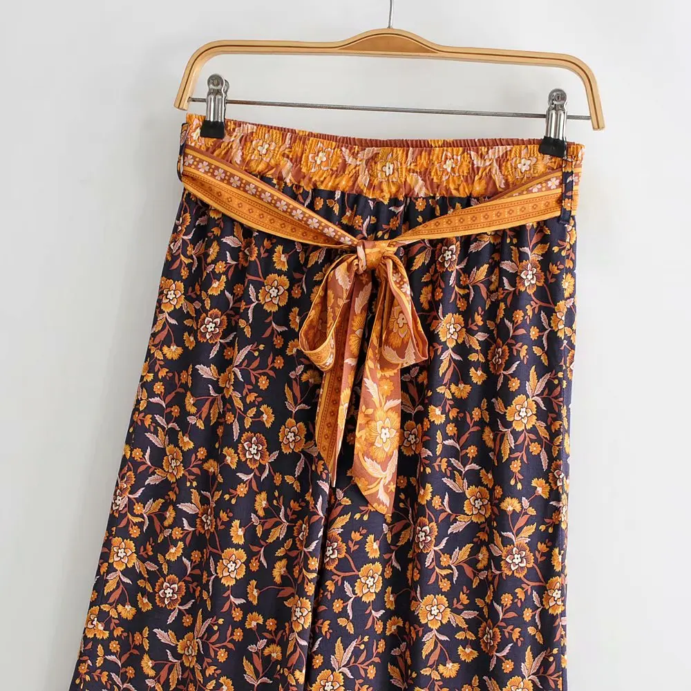 Винтажные широкие брюки с цветочным принтом для женщин Мода boho шикарный летний галстук-бабочка пояса эластичная талия пляжные брюки pantalones