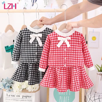 

LZH Dress 2020 New Hit Autumn Winter Fashion Lattice Kids Outfit Sweet Toddler Girls Clothes Mink Down Knitting Set Girls Suit
