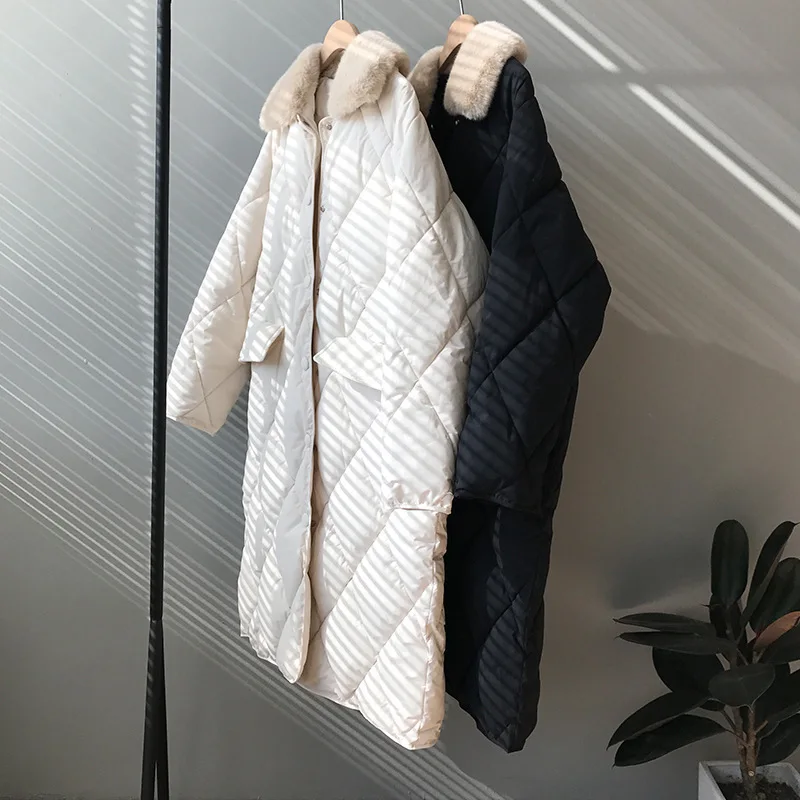 Lugentolo, Женская парка, зимнее пальто, Осеннее, корейское, свободное, средней длины, меховой воротник, Argyle, повседневное, теплое, одноцветное, однобортное, парка
