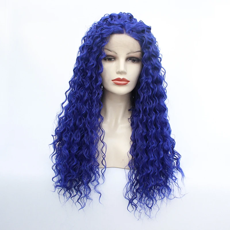 blue color Новинка, флуоресцентные зеленые кудрявые парики для косплея, 180% плотность, термостойкие вечерние парики на Хэллоуин, без клея, синтетические парики на кружеве - Цвет: blue color