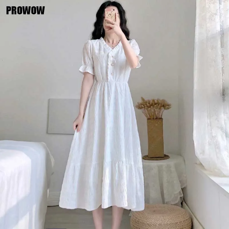 Korean White One-Piece Dress 2020 Female Summer New Vintage V-Neck Puff Sleeve Elegant Dress Women Holiday Party Dress Vestidos