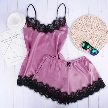 

Separate 2pcs Lace Sleepwear Women Beach Dress Lingerie Night Short Sleeveless Ladies Satin Nightgown Through La Sleepwear