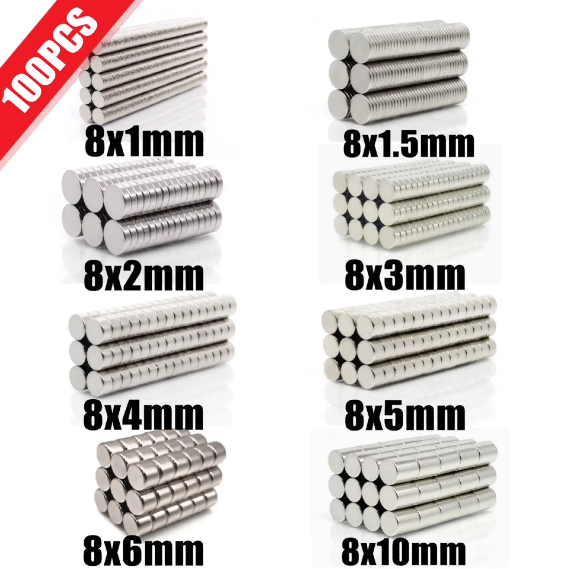 Neodymium Round Magnets 100Pcs 8x1-8x10mm
