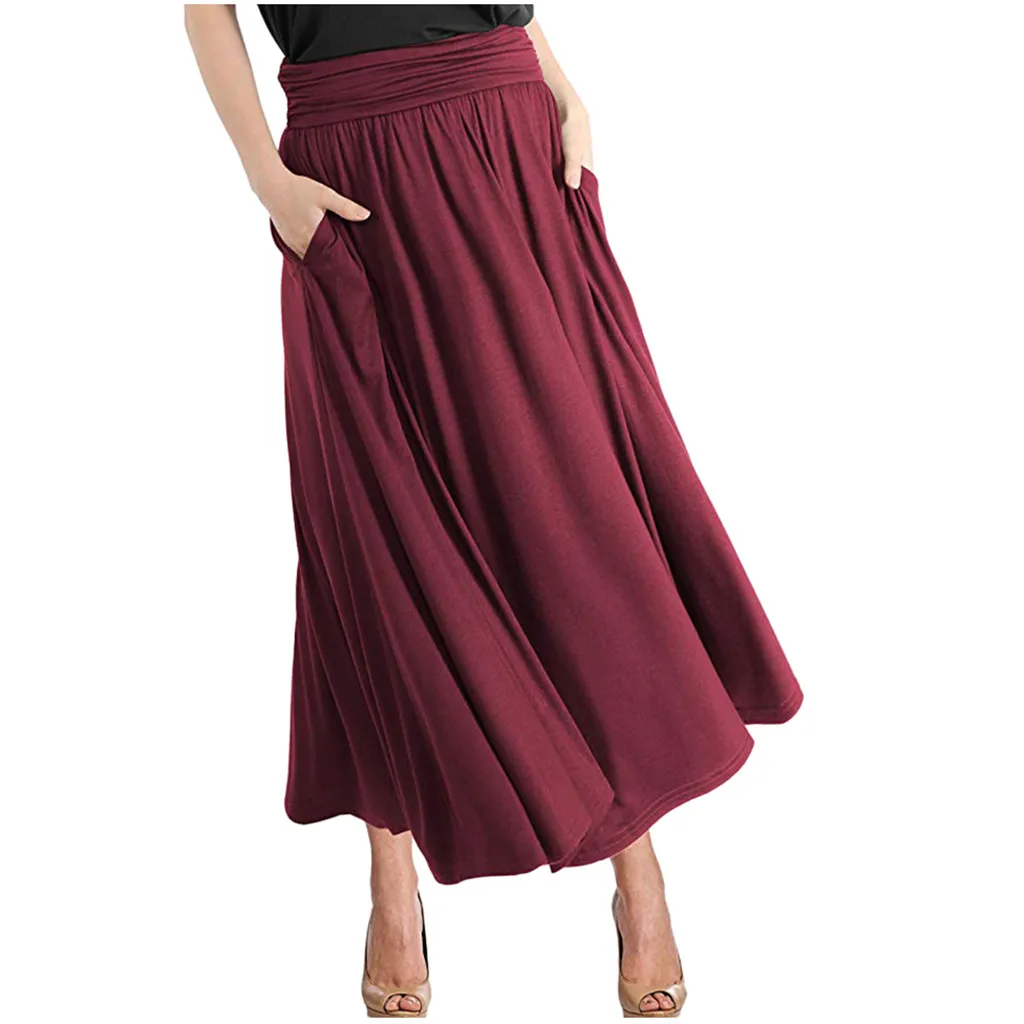 Wine JAYCOSIN Clothes Women Soild Color Long Skirt Womens Fashion High Waist Loose Pleated Skirt Ladies Faldas Mujer Moda 1105 - Цвет: Wine
