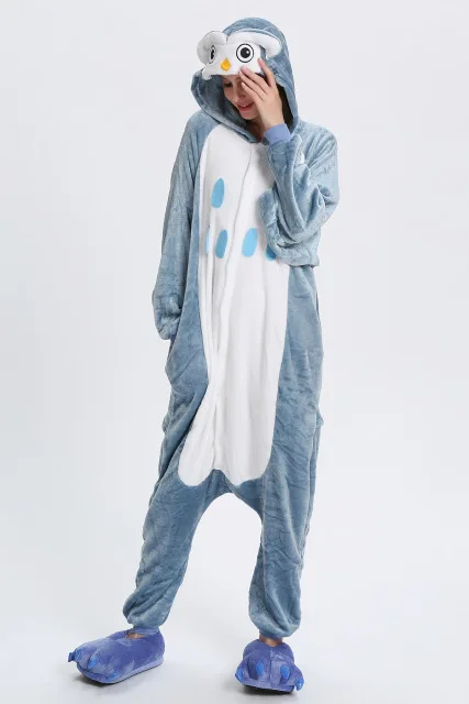 Kigurumi синяя Пижама с акулой для женщин и девочек, зимний комбинезон с мультяшными животными для мужчин, забавный комбинезон для взрослых, теплые вечерние комбинезоны - Цвет: owl