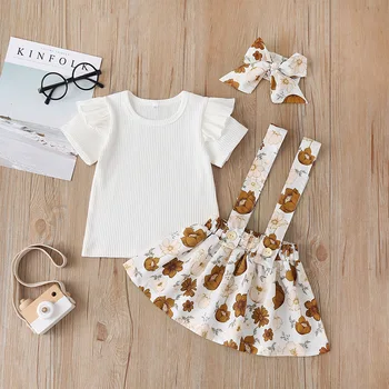 

2020 Summer Baby Girl 12M-4T Cotton white t-shirts + floral dress + Headband 3pcs outfits