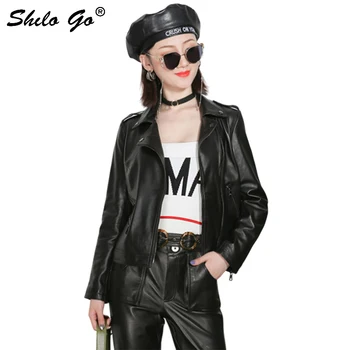 

Genuine Leather Jacket Highstreet Moto Black Notched Neck Minimalist Sheepskin Coat Women Autumn Casual Slim Outwear Female