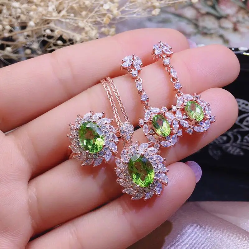 

Luxury Green Gems Bridal Jewelry Set White Green Zircon Dangle Earrings Rose Gold Color Necklace Crystal Ring Women Jewelry