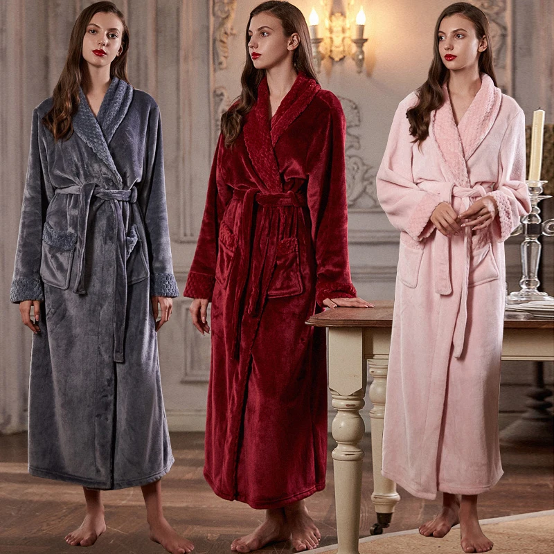 

Women Extra Long Warm Flannel Bath Robe Plus Size Coral Fleece Bathrobe Neck Fur Bride Winter Dressing Gown Men Cozy Sleepwear