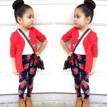 

3 Pcs Suit Toddler Girl Summer Clothes Fashion Kids Clothes Girls Outfits Red Shirt+White T-shirt+Flower Pants Children Clothing