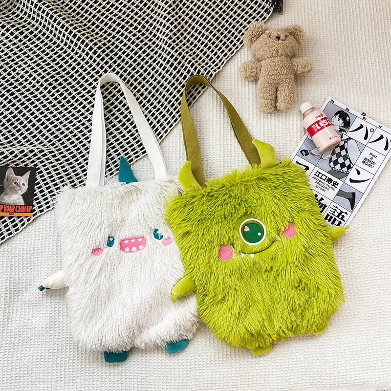 Women new Japanese cute funny plush handbag personality embroidery little monster plush girl student shoulder bag female bag