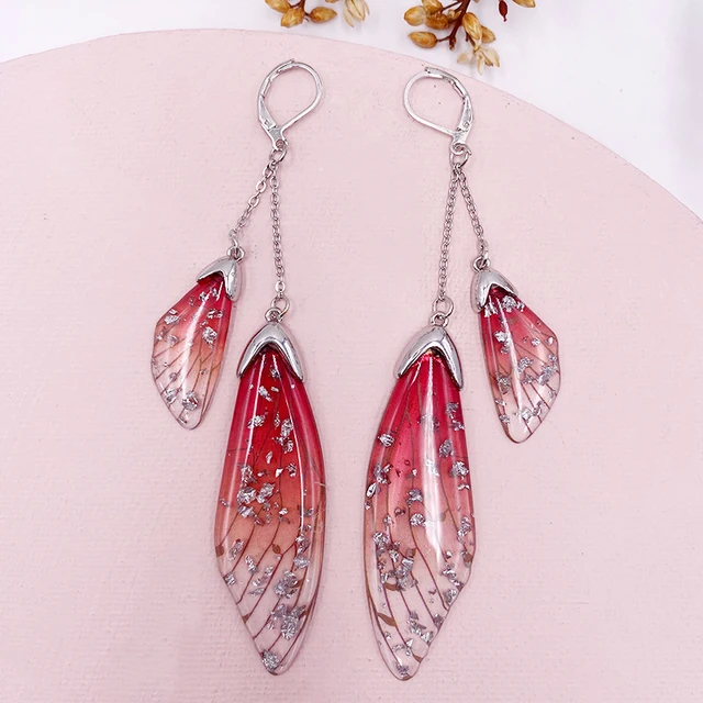 Fairy Resin Butterfly Earrings for Women Shining Crystal Flake Double Wing Long Drop Earrings Ladies Wedding Party Jewelry 2020 SF-Red