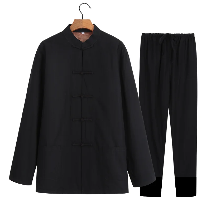 Chinese tunic suit New Year man Tang costume Han clothing men's linen warm cotton coats plus velvet thick casual two-piece suit