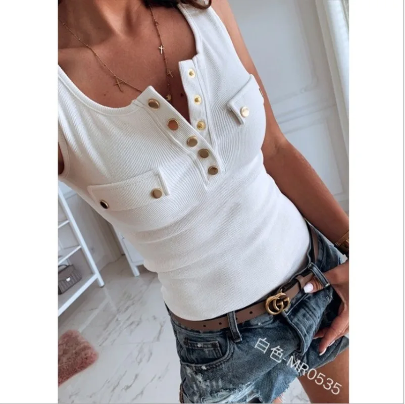 Модная Летняя женская обувь На пуговицах нить без рукавов Футболка Slim Fit