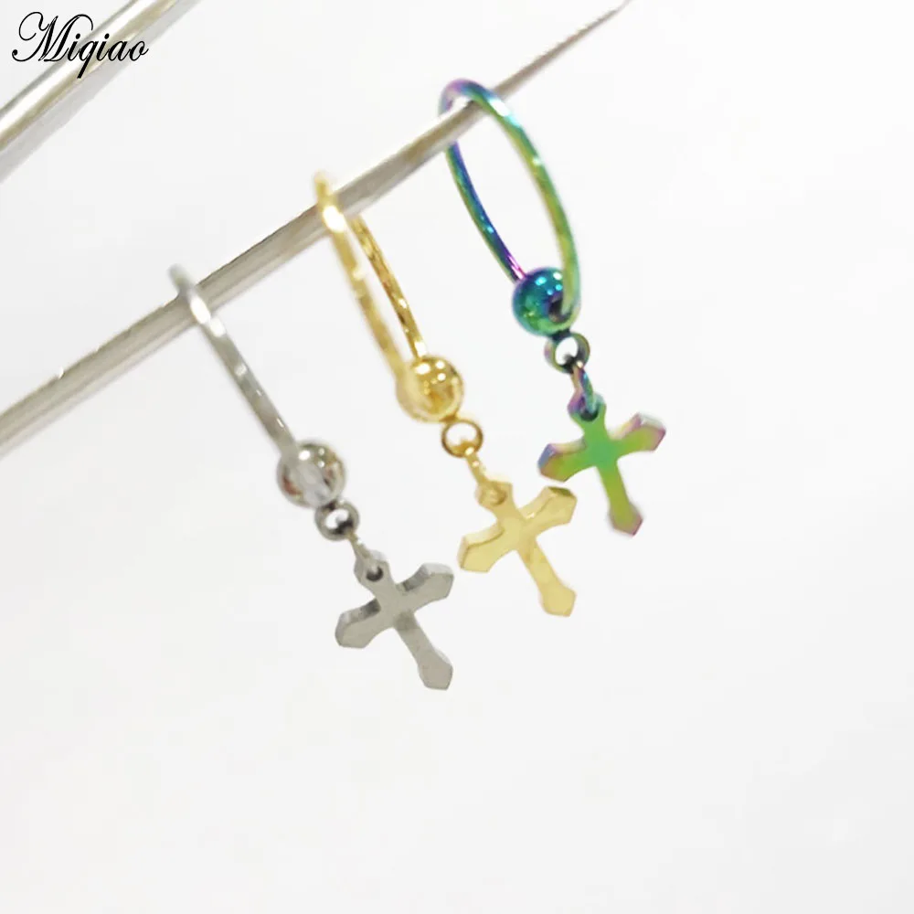 

Miqiao 2pcs Fashionable Cross Pendant Earrings Clip Ball Ring Can Move Two Rings, Exquisite Body Piercing Jewelry