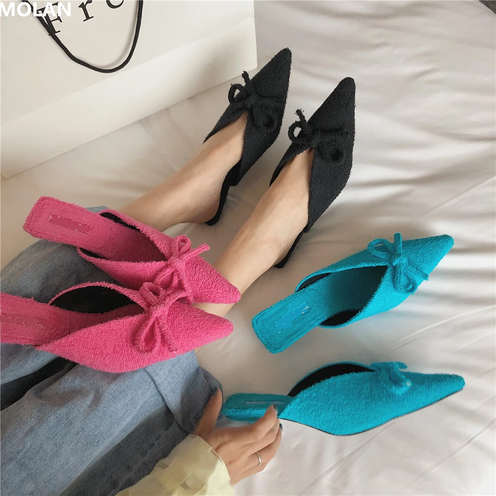 

MOLAN Brand Designers 2019 Winter New Fashion Luxury Butterfly-knot Suede Shoes V Mouth Kitten Heels Lady Pumps Slip On Loafers