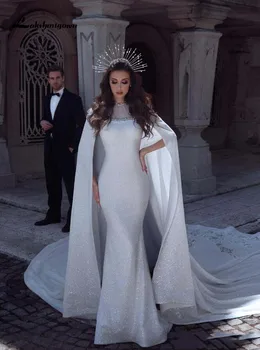 شراءمجموعة جديدة فستان زفاف عربي سعودي أنيق قماش لامع فساتين زفاف طويلة الذيل مع كيب Vestido De Noiva