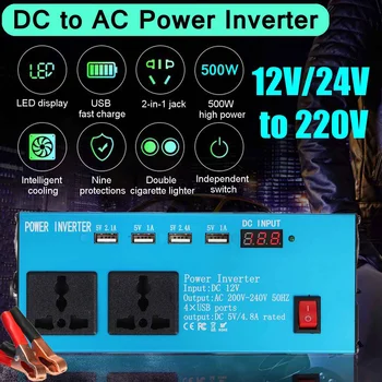 

Car solar Inverter DC 12V 24V to AC 220V 500W power Inverter Voltage Transformer Converter 4 USB LED Display for Car Home